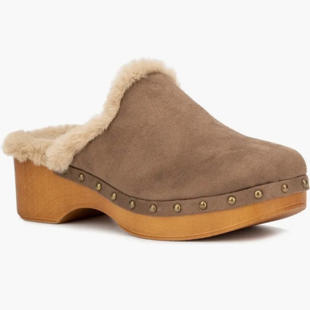 New York & Company Tan Suede Faux Fur Clog Mules